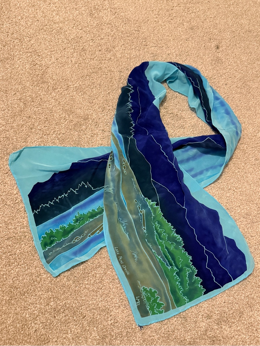 Hand Painted Silk Scarf Lake Pend Oreille Idaho Scenic Mountain Landscape Signed